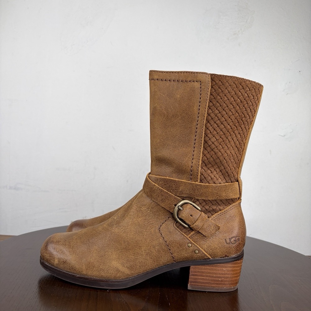 UGG Lula Mae Boots Women 8 Brown Leather Moto Biker Buckle Mid Calf Zip 1004171‎